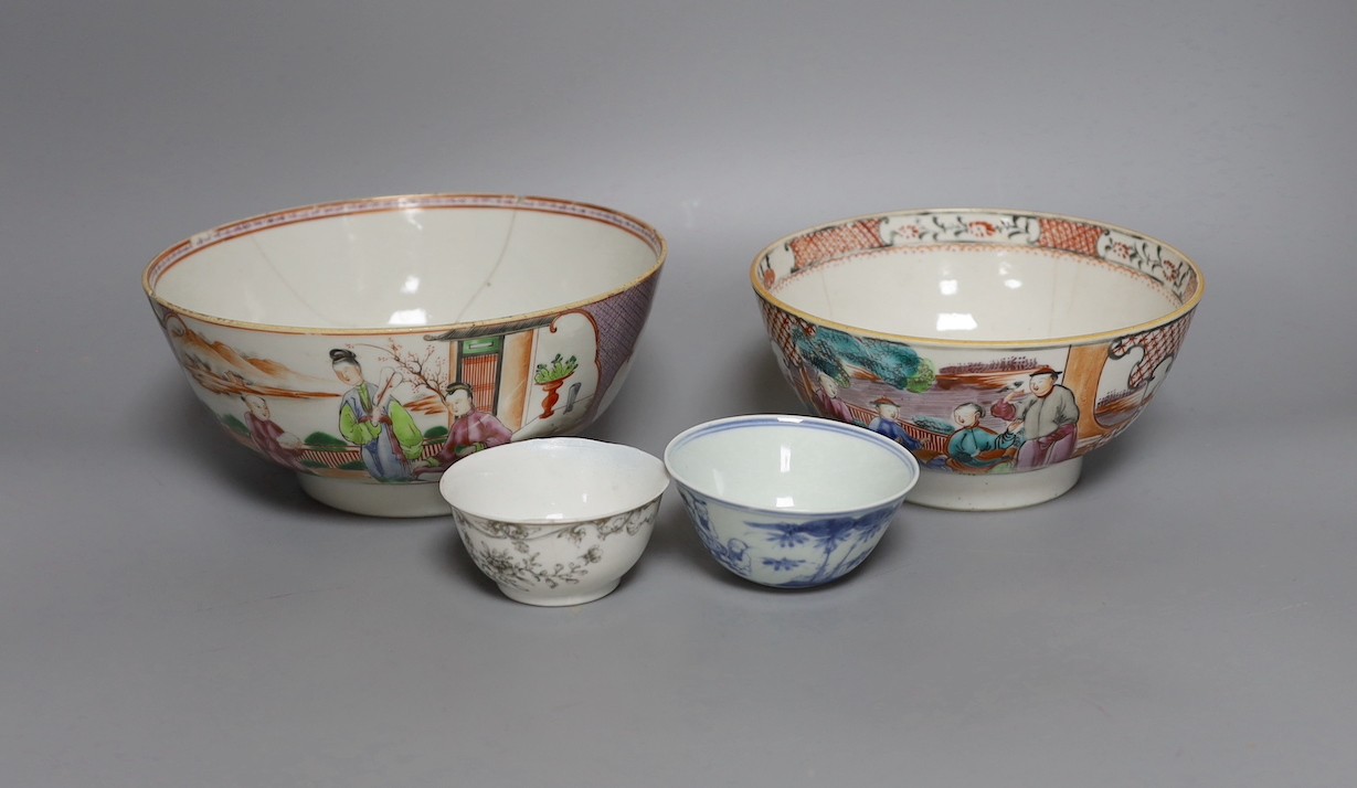 Two 18th century Chinese export bowls, a similar tea bowl and another Chinese blue and white tea bowl, largest 20cm diameter